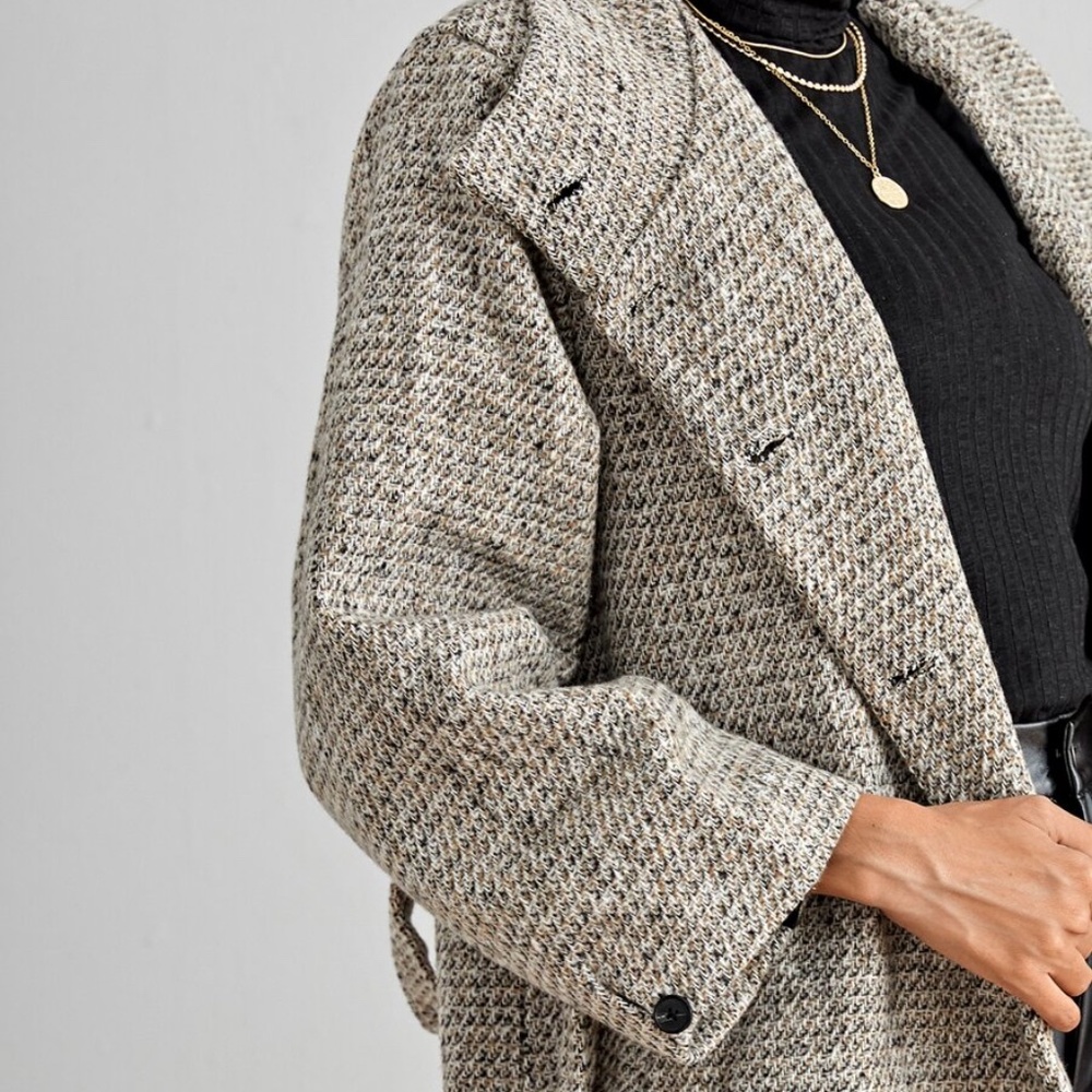 button closure tweed beige trench pea coat belted - Picture 4 of 6